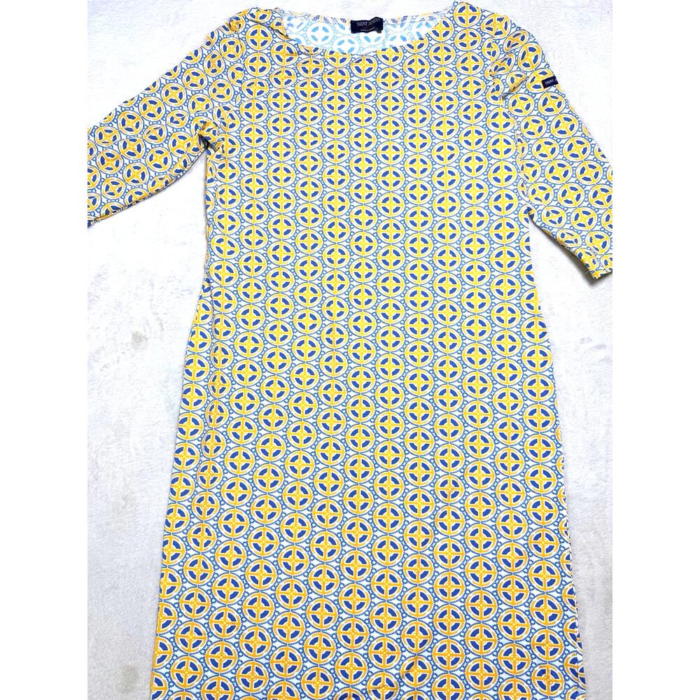 Saint James France Geometric Shift Dress Yellow Blue Tile Knit Jersey 3/4 Sleeve